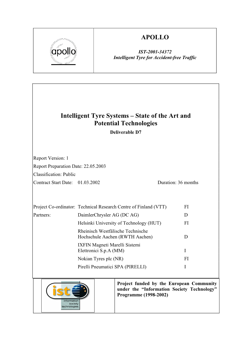 Intelligent Tyre Systems – State of the Art and Potential Technologies Deliverable D7