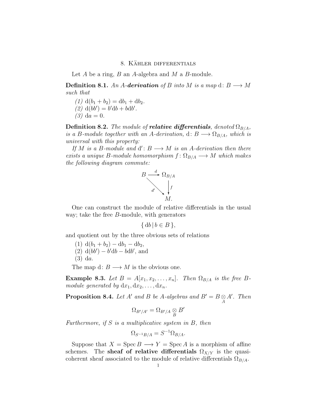 8. Kähler Differentials Let a Be a Ring, B an A-Algebra and M a B-Module