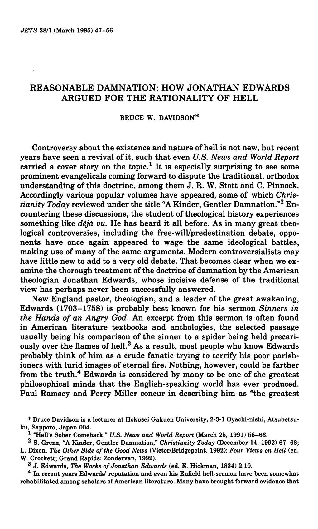 Reasonable Damnation: How Jonathan Edwards Argued for the Rationality of Hell