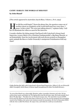 CATHY HARLEY: the WORLD at HER FEET by John Shand* ______[This Article Appeared in Australian Jazz & Blues, Volume 1, No 6, 1994]
