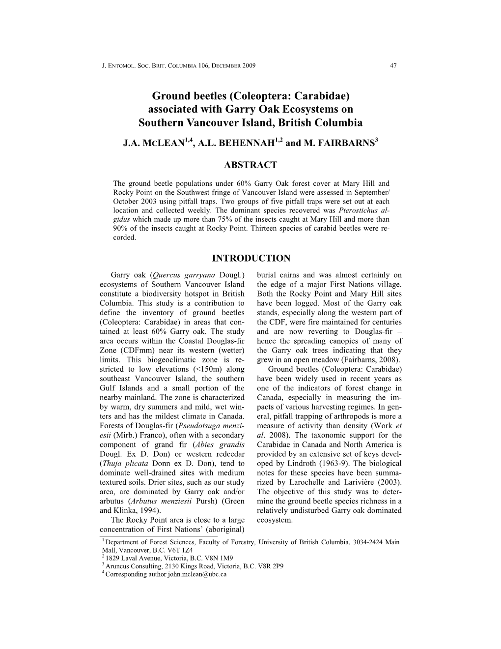 Ground Beetles (Coleoptera: Carabidae) Associated with Garry Oak Ecosystems on Southern Vancouver Island, British Columbia