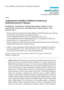 Authentication of Bulbus Fritillariae Cirrhosae by RAPD-Derived DNA Markers