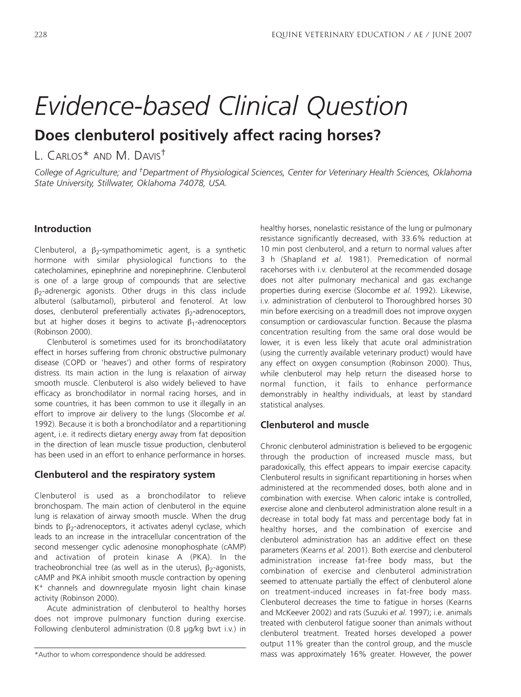 Evidence-Based Clinical Question Does Clenbuterol Positively Affect Racing Horses? L