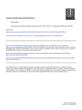 Agazzari and the Improvising Orchestra Gloria Rose Journal of the American Musicological Society, Vol