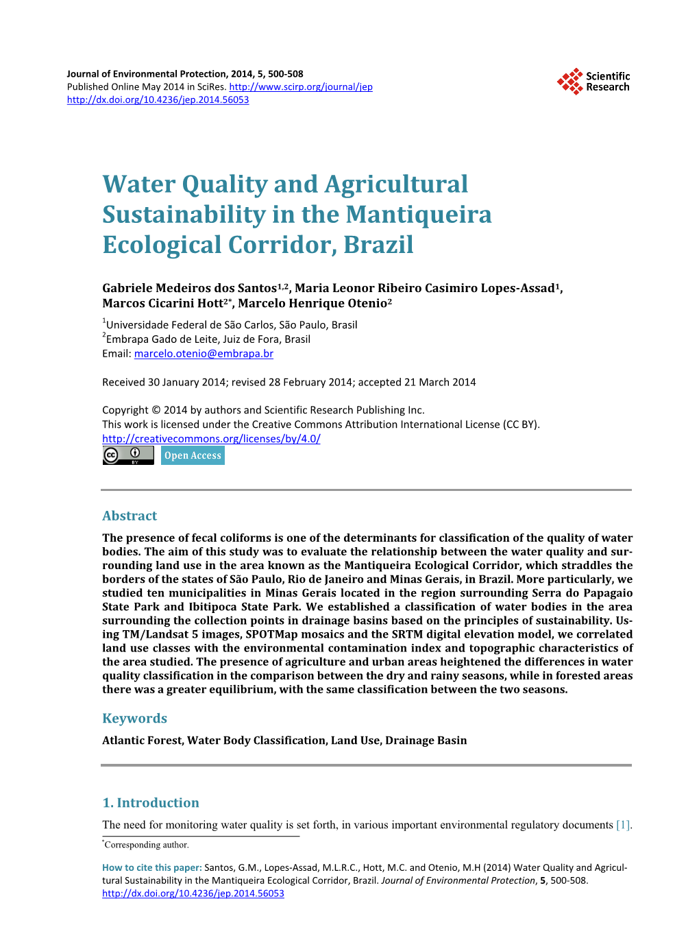 Water Quality and Agricultural Sustainability in the Mantiqueira Ecological Corridor, Brazil