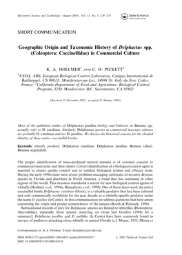Geographic Origin and Taxonomic History of Delphastus Spp