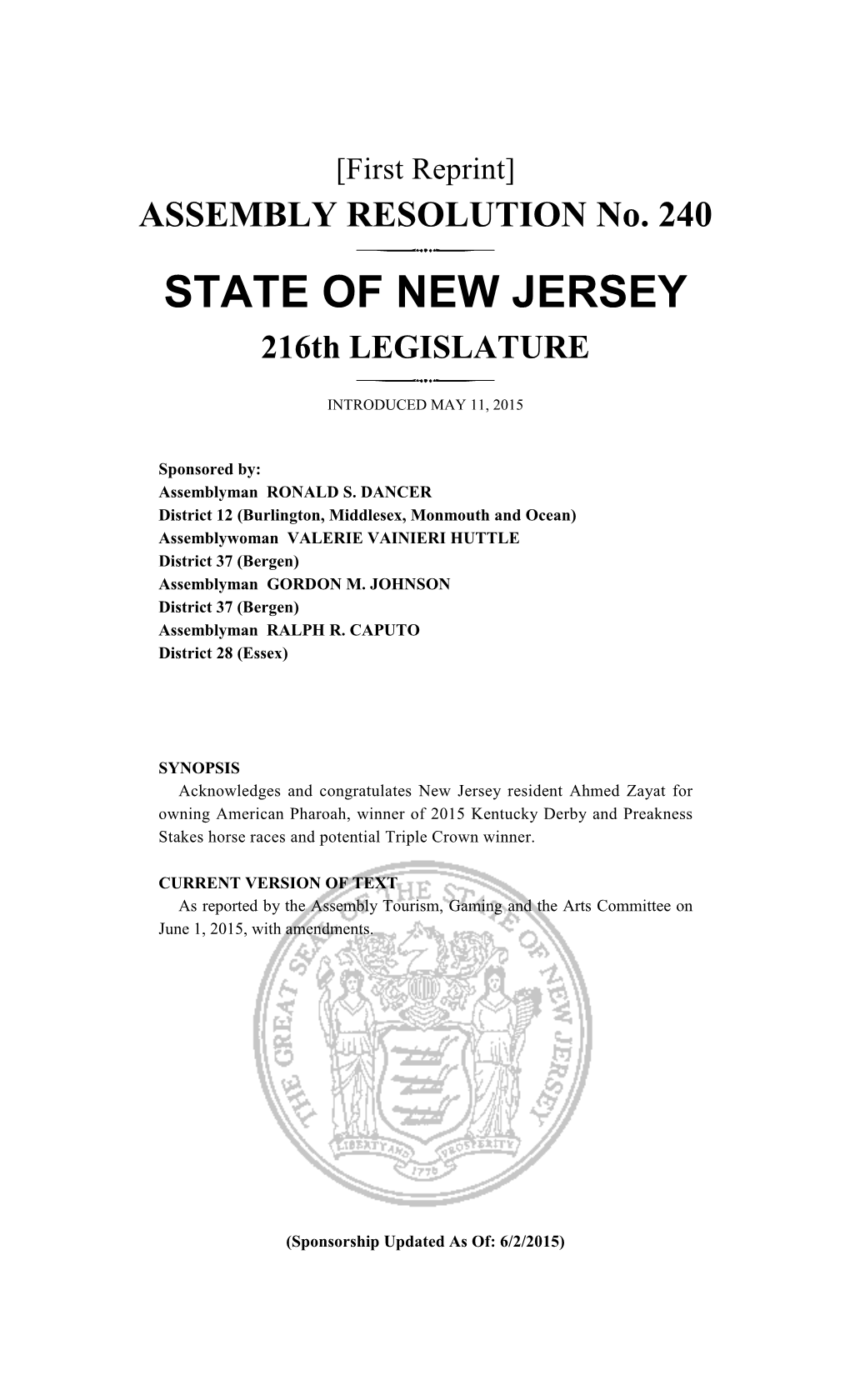 STATE of NEW JERSEY 216Th LEGISLATURE