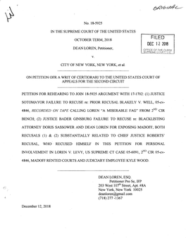 SUPREME COURT of the UNITED STATES ALED OCTOBER TERM, 2018 DEC 12 2018 DEAN LOREN, Petitioner, OFFICE of the CLERK SUPREME COURT U C