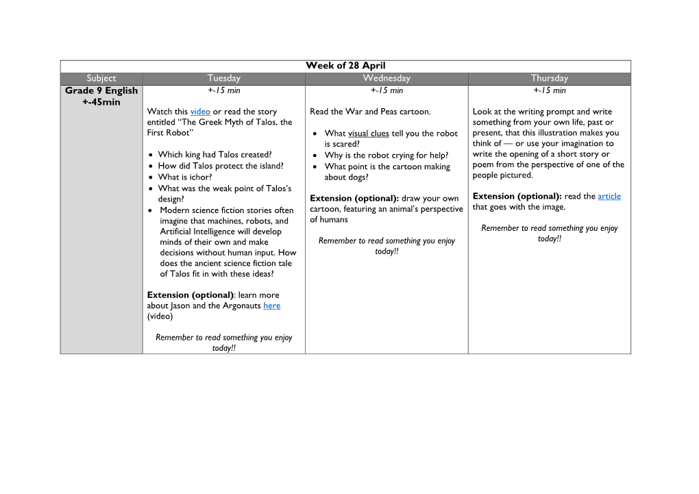 Week of 28 April Subject Tuesday Wednesday Thursday Grade 9