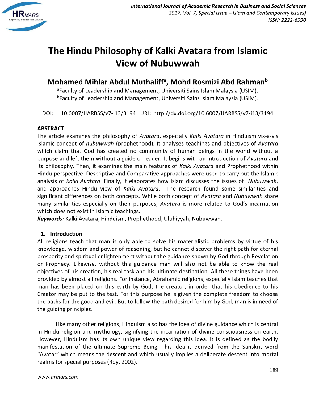 The Hindu Philosophy of Kalki Avatara from Islamic View of Nubuwwah