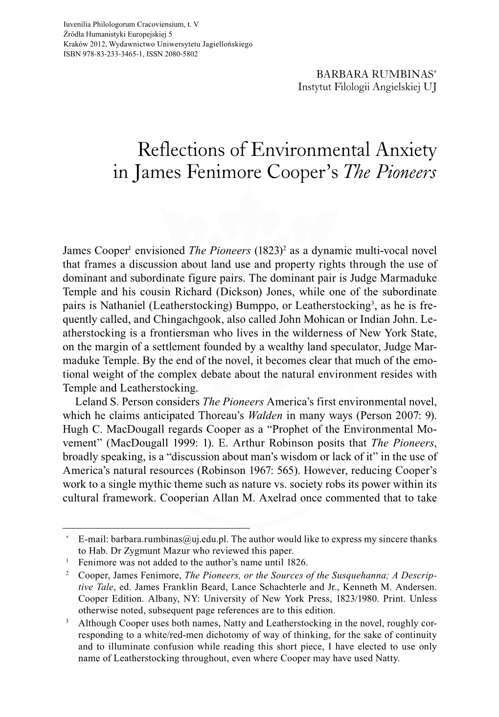 Reflections of Environmental Anxiety in James Fenimore Cooper's the Pioneers