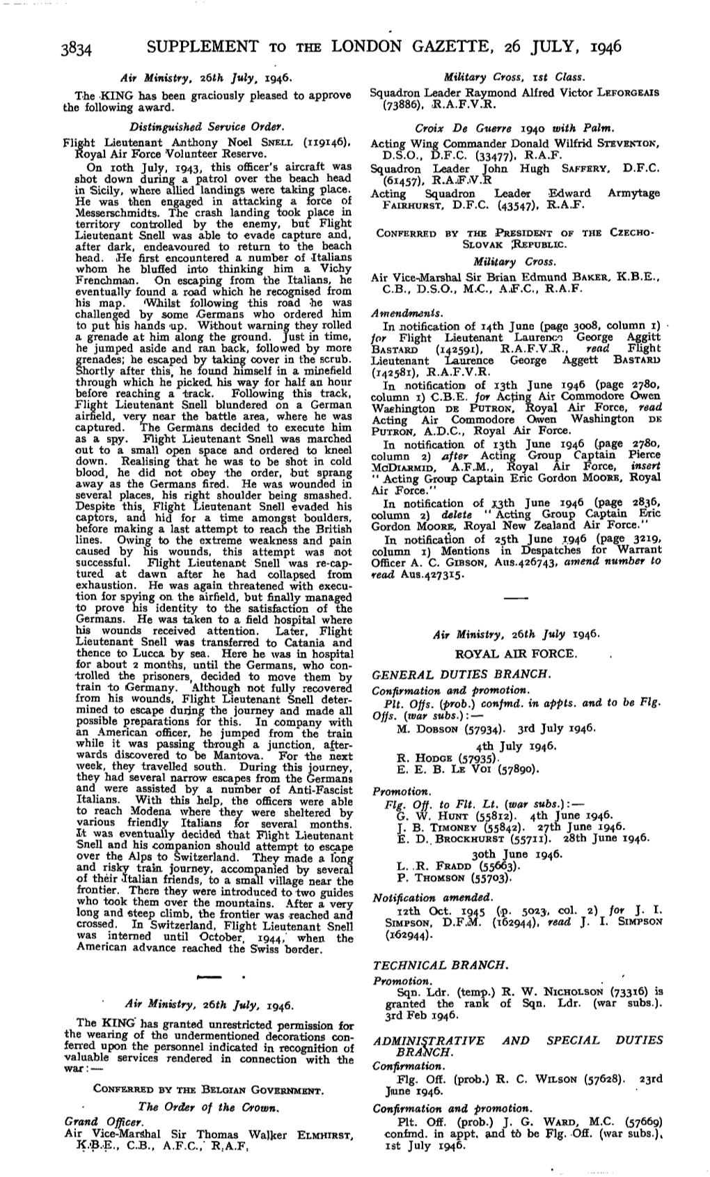 SUPPLEMENT to the LONDON GAZETTE, 26 JULY, 1946 Air Ministry, Z6th July, 1946