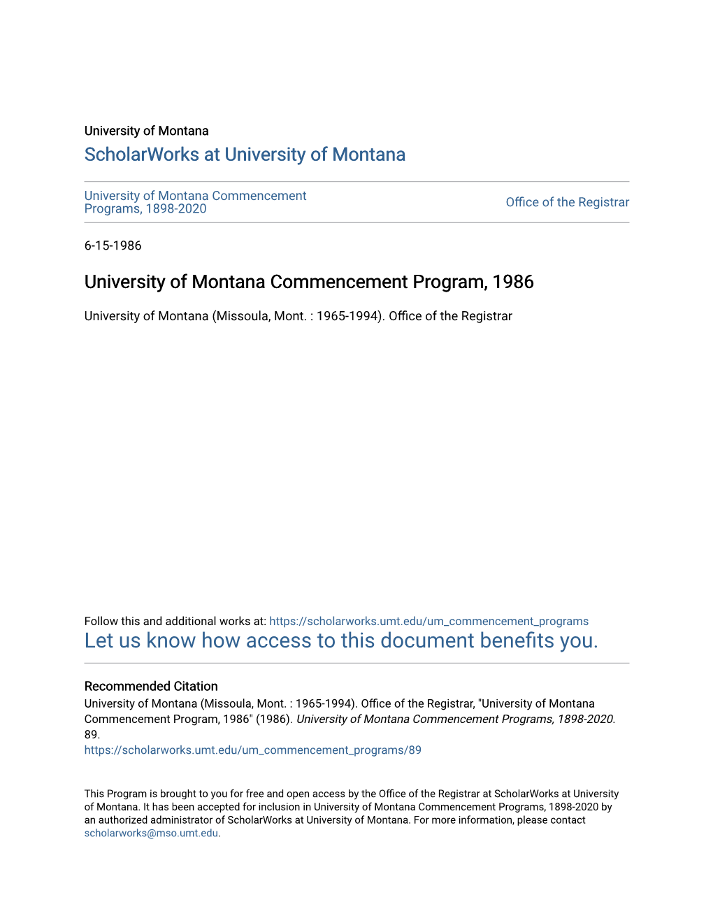 University of Montana Commencement Program, 1986