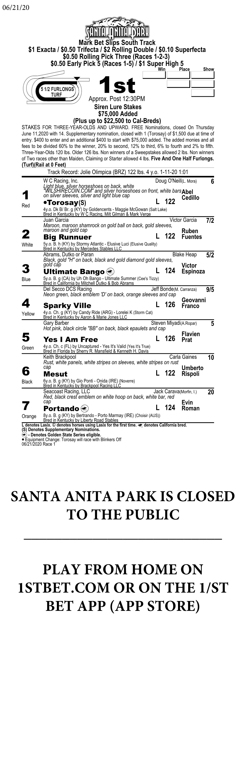 Santa Anita Park Is Closed to the Public Play from Home on 1Stbet.Com Or on the 1/St Bet App (App