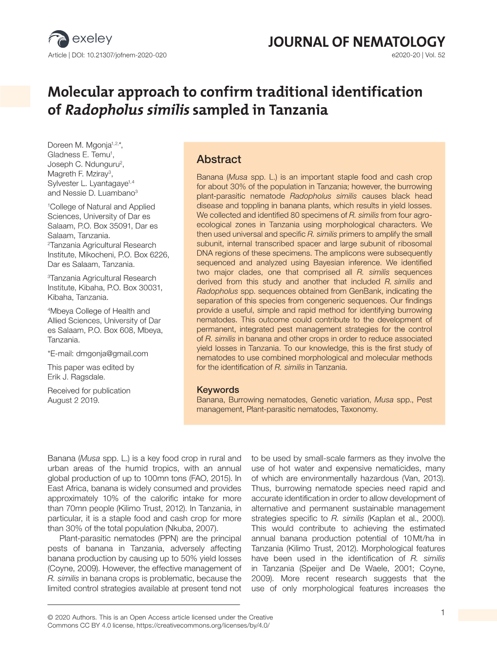 JOURNAL of NEMATOLOGY Molecular Approach to Confirm