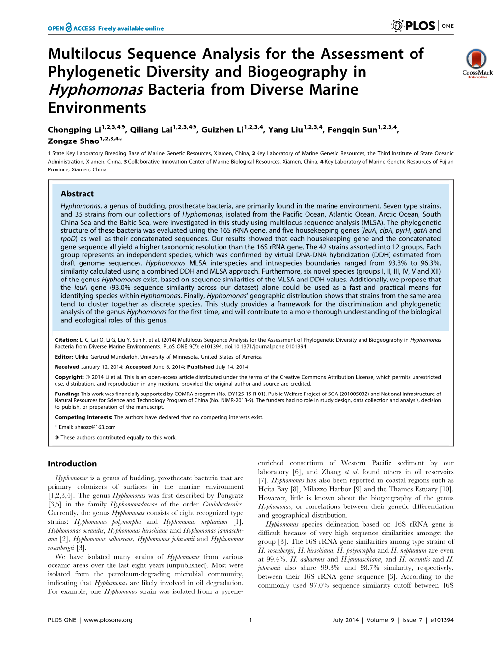 Multilocus Sequence Analysis for the Assessment of Phylogenetic Diversity and Biogeography in Hyphomonas Bacteria from Diverse Marine Environments
