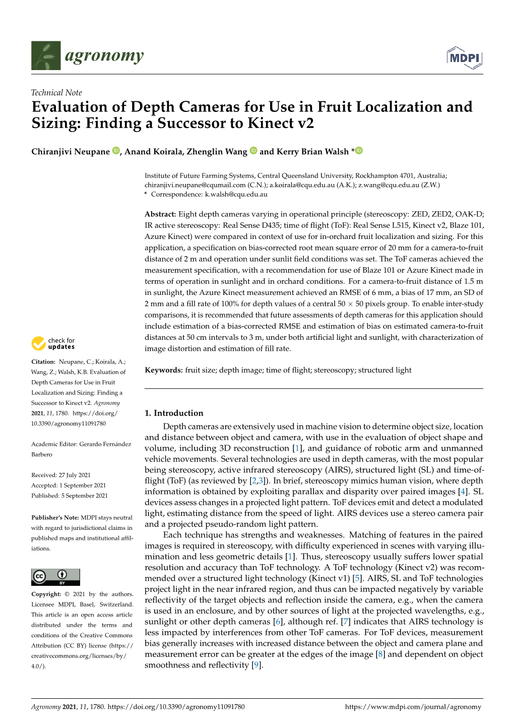 Evaluation of Depth Cameras for Use in Fruit Localization and Sizing: Finding a Successor to Kinect V2