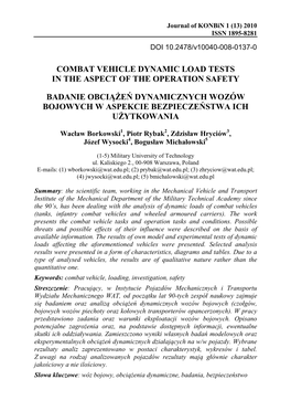 Combat Vehicle Dynamic Load Tests in the Aspect of the Operation Safety Badanie Obciążeń Dynamicznych Wozów Bojowych W Aspek