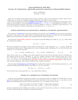 General Relativity Fall 2019 Lecture 19: Symmetries, Spherically-Symmetric Spacetimes; Schwarzschild Solution
