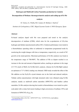 1 Hydrogen and Multiwall Carbon Nanotubes Production by Catalytic Decomposition of Methane: Thermogravimetric Analysis and Scali