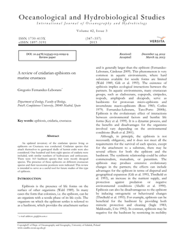A Review of Cnidarian Epibionts on Marine Crustacea| 349 Pelagic Marine Malacostracan Crustaceans (Shrimp, Leborans Et Al