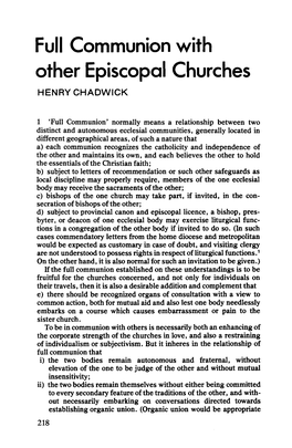 Full Communion with Other Episcopal Churches HENRY CHADWICK