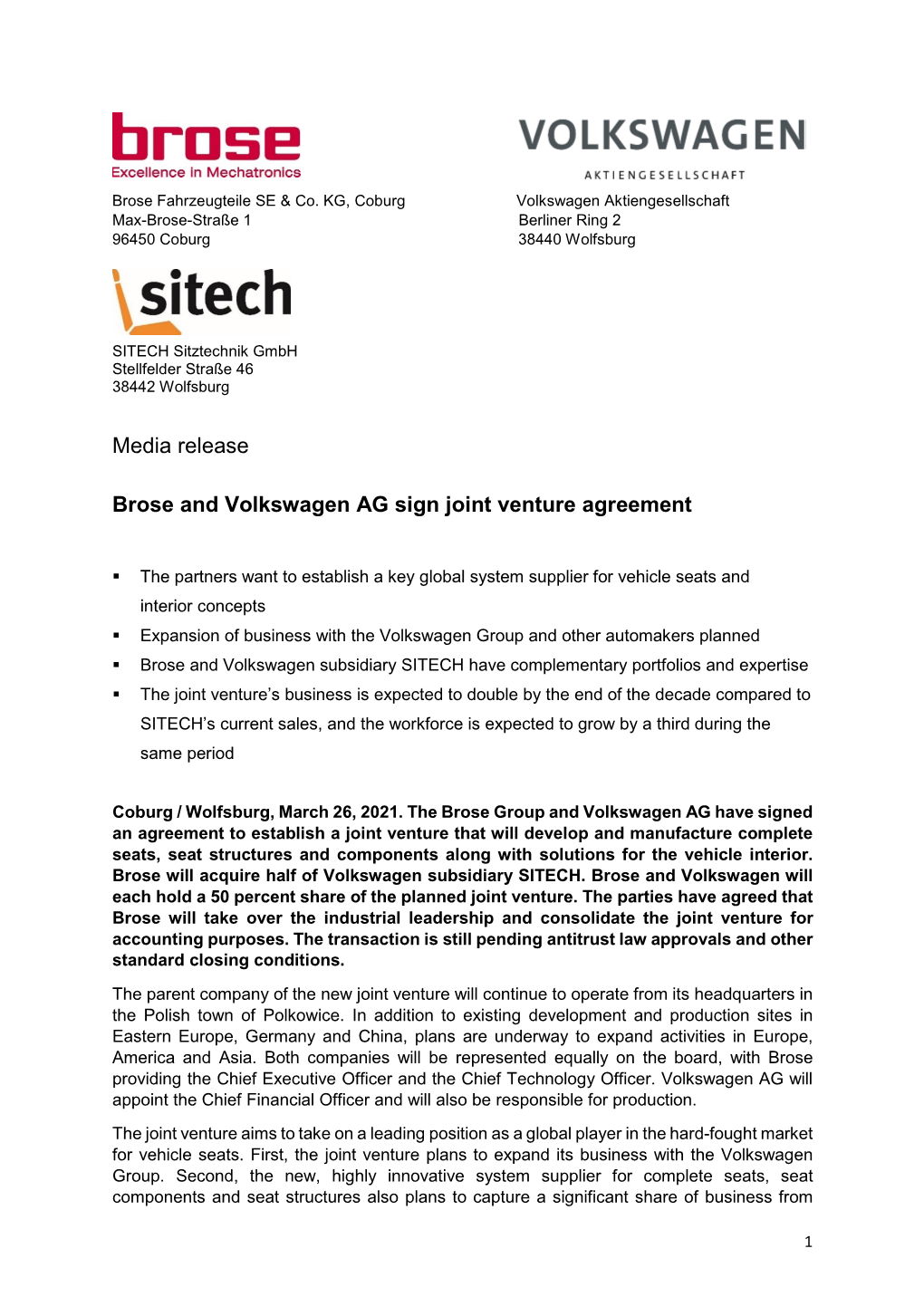 Media Release Brose and Volkswagen AG Sign Joint Venture Agreement