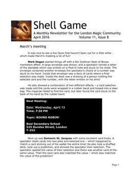 Shell Game a Monthly Newsletter for the London Magic Community April 2016 Volume 11, Issue 8