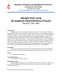 Albright Park Camp (Evangelical United Brethren Church) Records, 1901-1968