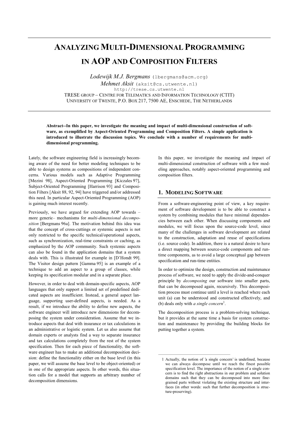 Analyzing Multi-Dimensional Programming in Aop and Composition Filters