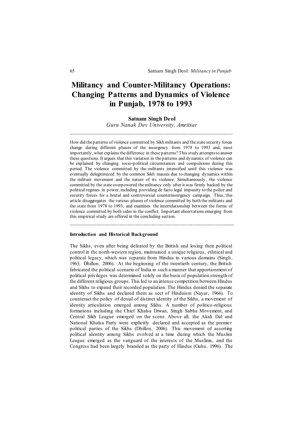 Militancy and Counter-Militancy Operations: Changing Patterns and Dynamics of Violence in Punjab, 1978 to 1993