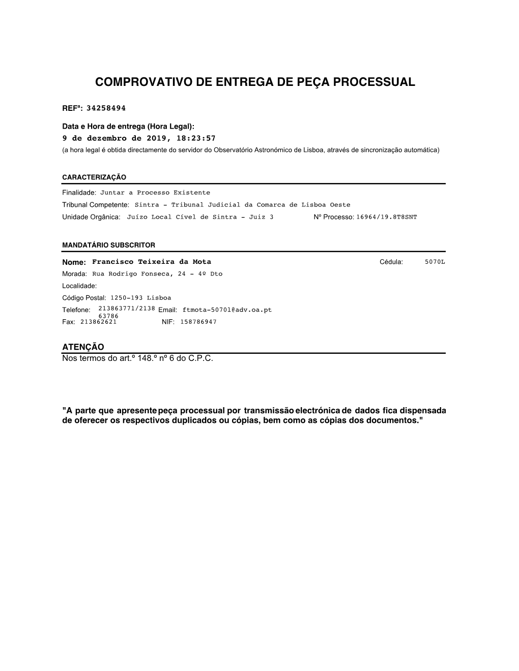 Comprovativo De Entrega De Peça Processual