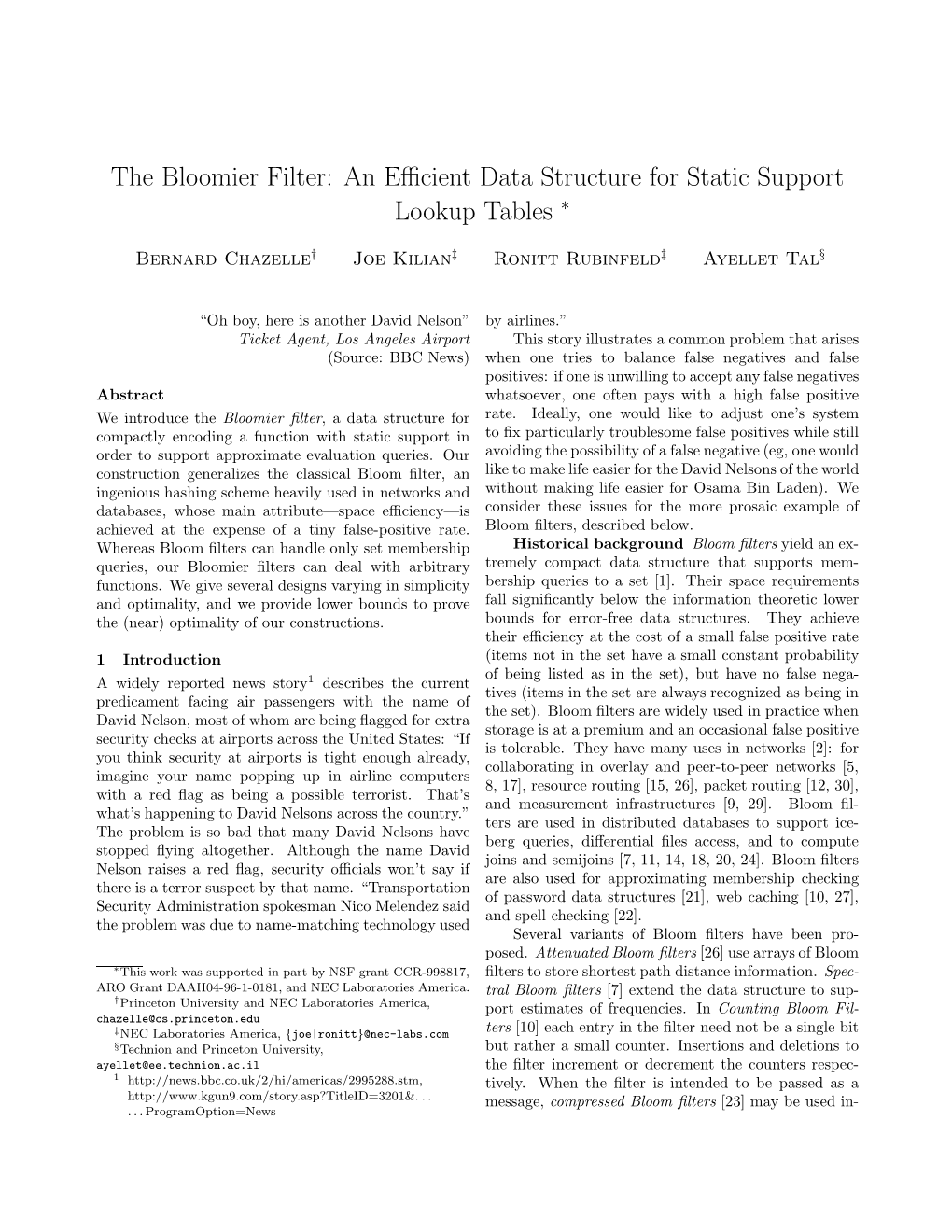 The Bloomier Filter: an Efficient Data Structure for Static Support Lookup Tables