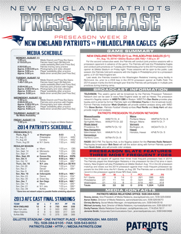 NEW ENGLAND PATRIOTS VS PHILADELPHIA EAGLES MEDIA SCHEDULE GAME SUMMARY NEW ENGLAND PATRIOTS (0-1) Vs