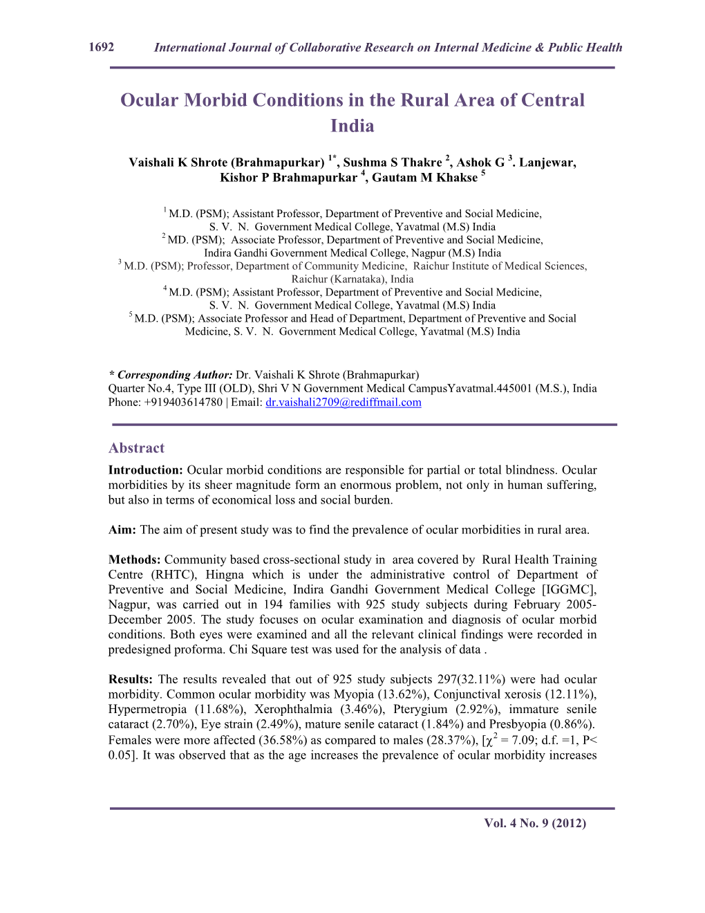 Ocular Morbid Conditions in the Rural Area of Central India