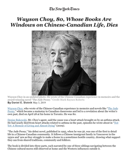 Wayson Choy, 80, Whose Books Are Windows on Chinese-Canadian Life, Dies