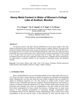 Heavy Metal Content in Water of Bhavan's College Lake of Andheri