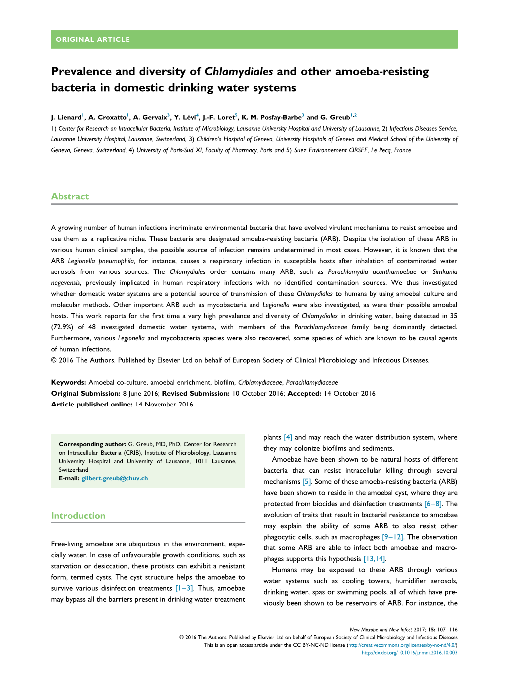 Prevalence and Diversity of Chlamydiales and Other Amoeba-Resisting Bacteria in Domestic Drinking Water Systems