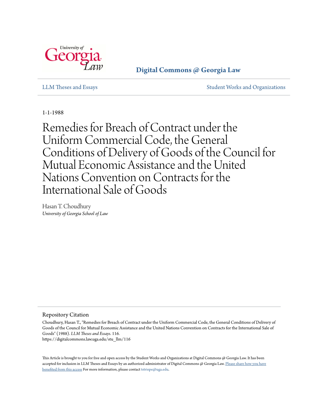 Remedies for Breach of Contract Under the Uniform Commercial Code, the General Conditions of Delivery of Goods of the Council Fo