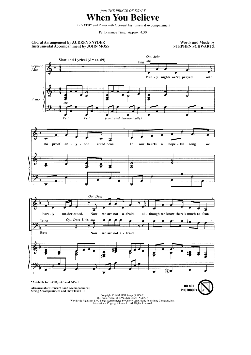 When You Believe for SATB* and Pianowith Optionalinstrumentalaccompanimenl