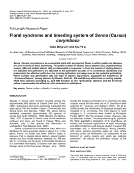Floral Syndrome and Breeding System of Senna (Cassia) Corymbosa