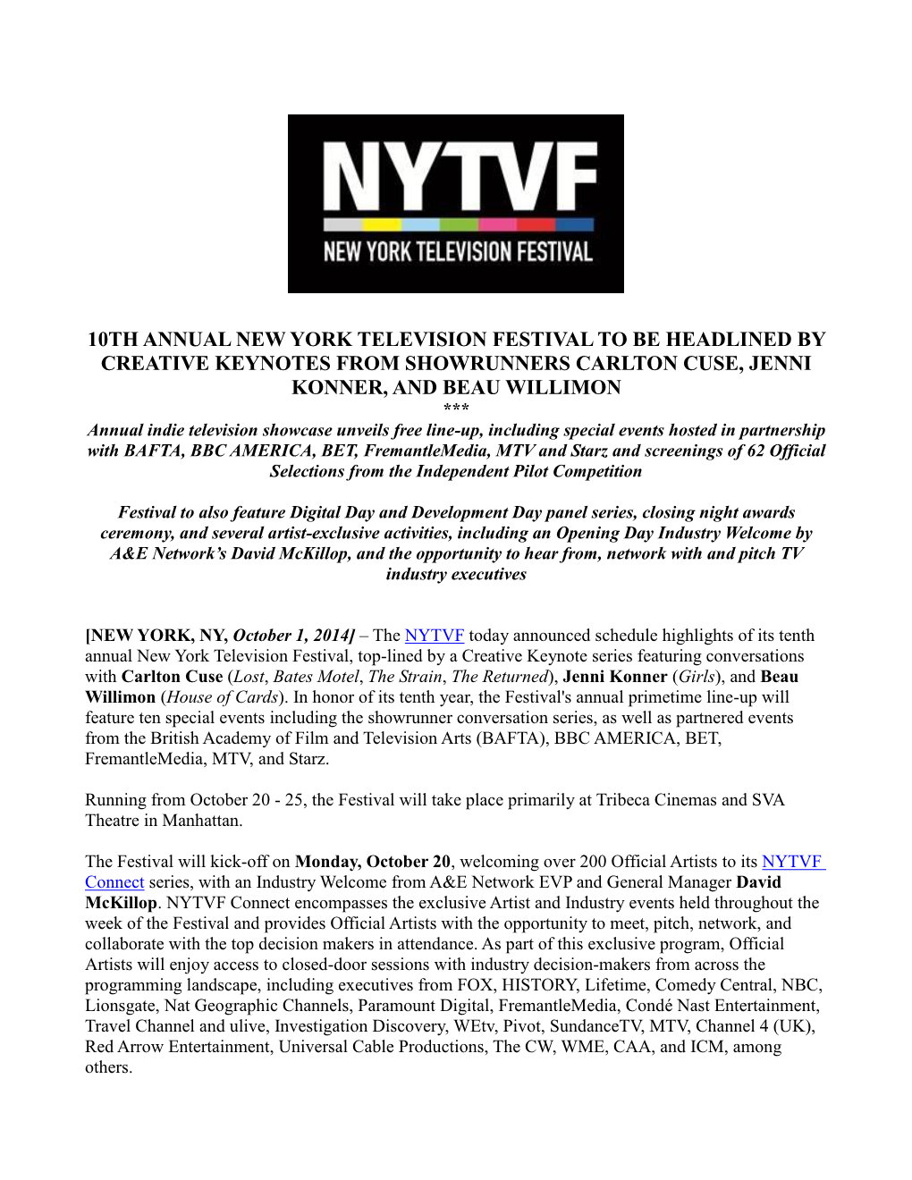 10Th Annual New York Television Festival to Be