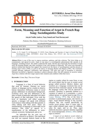 Form, Meaning and Function of Argot in French Rap Song: Sociolinguistics Study