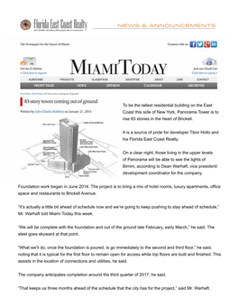 To Be the Tallest Residential Building on the East Coast This Side of New York, Panorama Tower Is to Rise 83 Stories in the Heart of Brickell