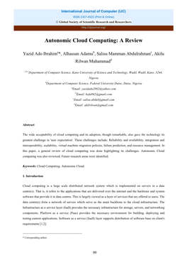 Autonomic Cloud Computing: a Review