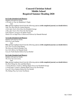 Concord Christian School Middle School Required Summer Reading 2020