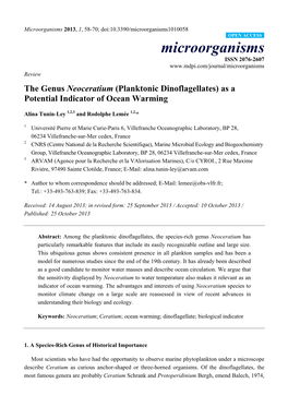 The Genus Neoceratium (Planktonic Dinoflagellates) As a Potential Indicator of Ocean Warming