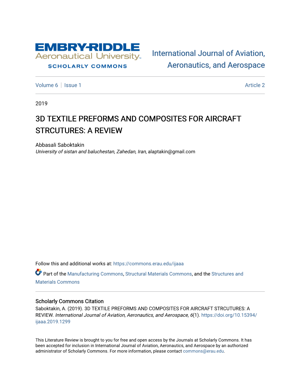 3D Textile Preforms and Composites for Aircraft Strcutures: a Review