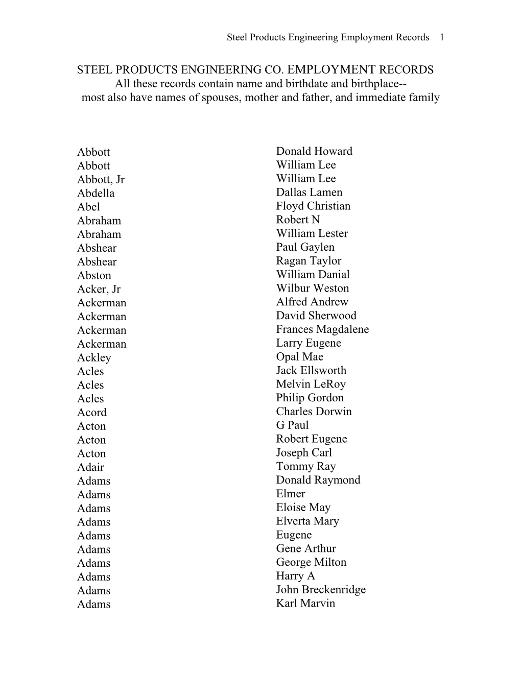 STEEL PRODUCTS ENGINEERING CO. EMPLOYMENT RECORDS All