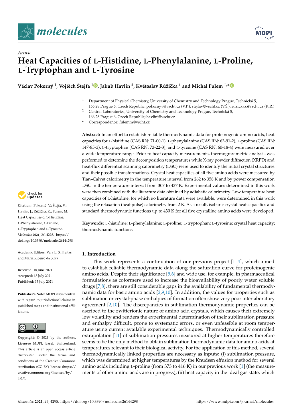 Heat Capacities of L-Histidine, L-Phenylalanine, L-Proline, L-Tryptophan and L-Tyrosine